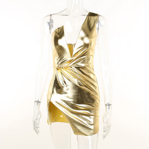 Sexy slim one shoulder v-neck slit bronzed irregular pleated hip wrap skirt