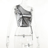 Fashion hot silver diagonal drawstring vest short slim t-shirt
