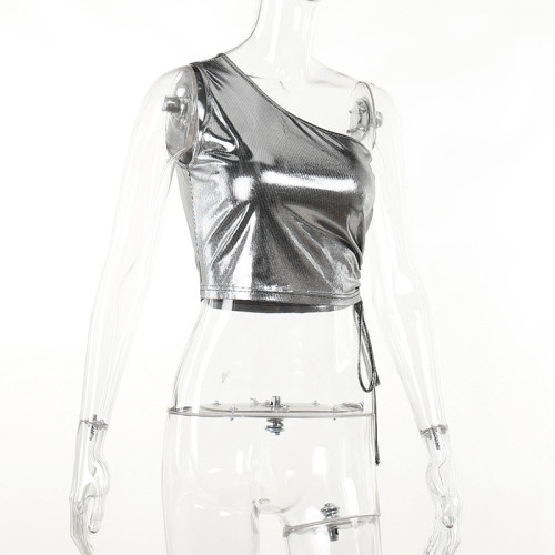 Fashion hot silver diagonal drawstring vest short slim t-shirt