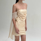 Temperament Mesh Sleeves Open Back Dress Sexy Fashion Pure Desire to Shrink Pleated Hip Wrap Dress