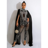Fashion women's ironing mesh perspective trousers sleeveless shoulder wrap jumpsuit