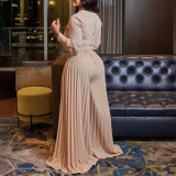 Long sleeve casual loose pleated wide leg jumpsuit