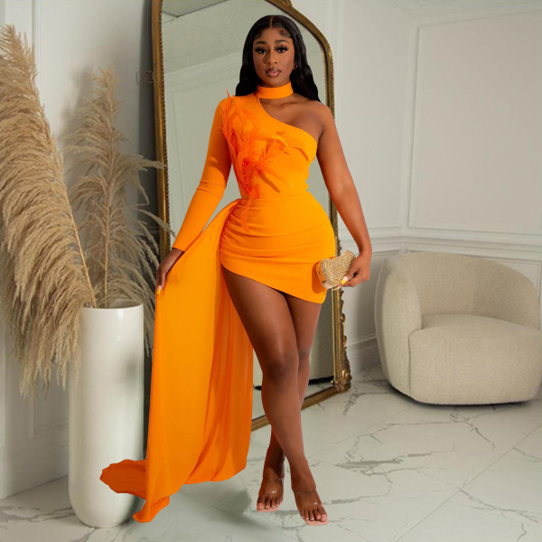 Fashion Women's Cape Feather Single Long Sleeve Oblique Shoulder Dress