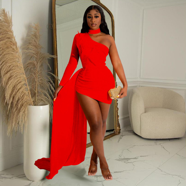 Fashion Women's Cape Feather Single Long Sleeve Oblique Shoulder Dress