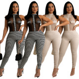 Women's nightclub style sleeveless thousand bird check knitted thread perspective jumpsuit