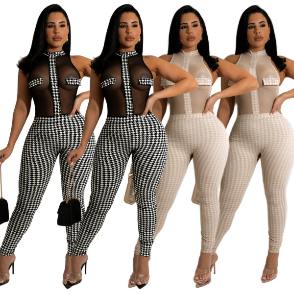 Women's nightclub style sleeveless thousand bird check knitted thread perspective jumpsuit