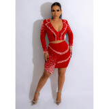 Fashion women's solid lapel ironing long sleeved short skirt two-piece set
