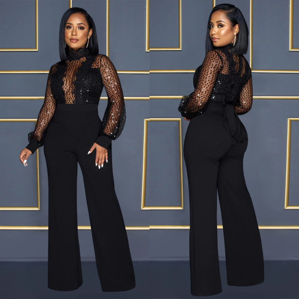 Fashion Women's Hollow out Perspective Long Sleeve Pants Lace up Romper