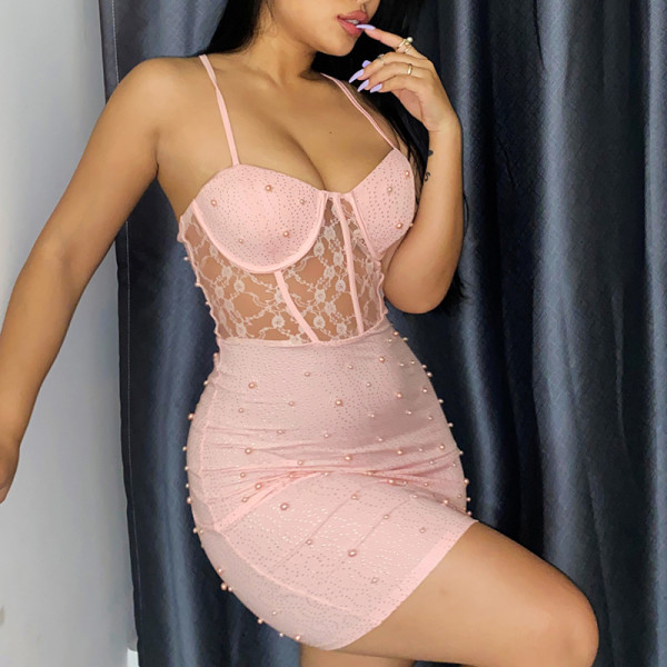 Beaded lace waist strap hip wrap dress knitted sexy backless slim dress