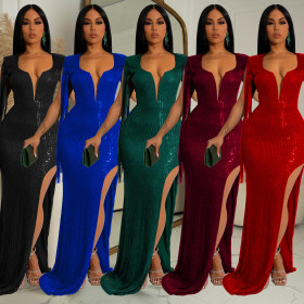 Fashion women's solid color beaded fringe sleeveless V-neck backless dress