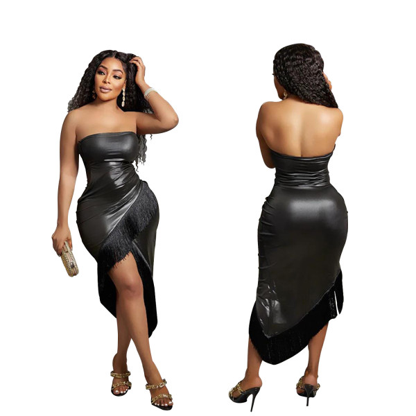 Fashion Women's Solid Sleeveless Strapless Fringe Leather Dress