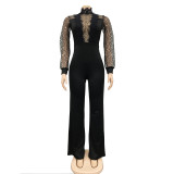 Fashion Women's Hollow out Perspective Long Sleeve Pants Lace up Romper