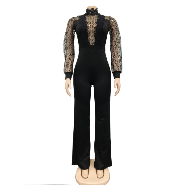 Fashion Women's Hollow out Perspective Long Sleeve Pants Lace up Romper