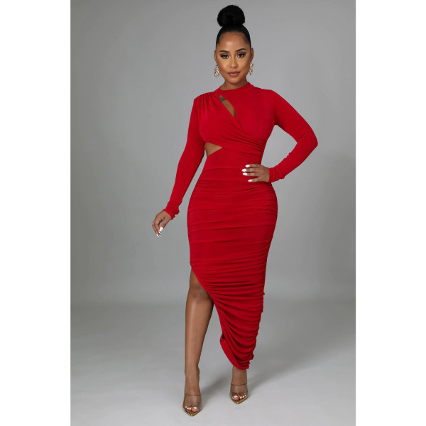 Fashion Women's Solid Pleated Round Neck Long Sleeve Long Dress Dress