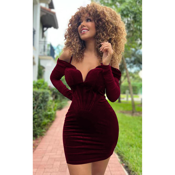 Fashion Women's Mesh Long Sleeve Off Shoulder V-Neck Velvet Strap Dress