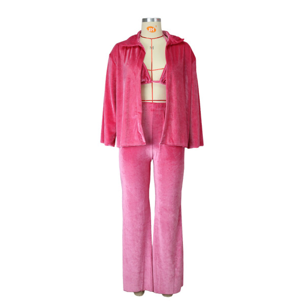 Women's autumn and winter velvet cardigan wide leg trousers sexy three piece set