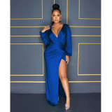 Fashion Women's Solid Pleated V-Neck Long Sleeve Dress Dress