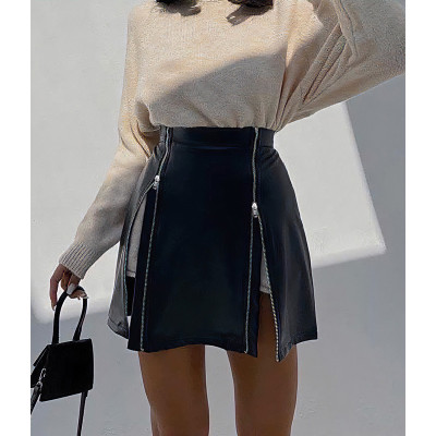 Double zipper half skin skirt Personality street fashion high waist slim skirt