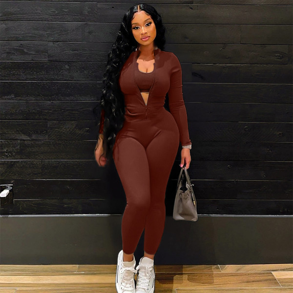 Autumn and winter sports thread U-neck vest coat trousers three piece set