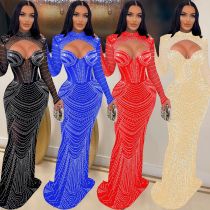 Fashion women's solid color hot drill mesh long sleeve v-neck dress Fashion women's solid color hot drill mesh long sleeve v-neck dress