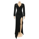 Fashion Women's Solid Pleated V-Neck Long Sleeve Dress Dress