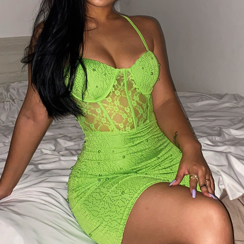 Beaded lace waist strap hip wrap dress knitted sexy backless slim dress