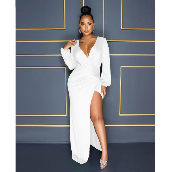 Fashion Women's Solid Pleated V-Neck Long Sleeve Dress Dress