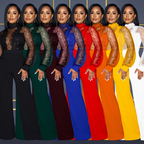 Fashion Women's Hollow out Perspective Long Sleeve Pants Lace up Romper