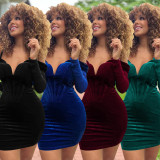 Fashion Women's Mesh Long Sleeve Off Shoulder V-Neck Velvet Strap Dress