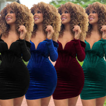 Fashion Women's Mesh Long Sleeve Off Shoulder V-Neck Velvet Strap Dress Fashion Women's Mesh Long Sleeve Off Shoulder V-Neck Velvet Strap Dress