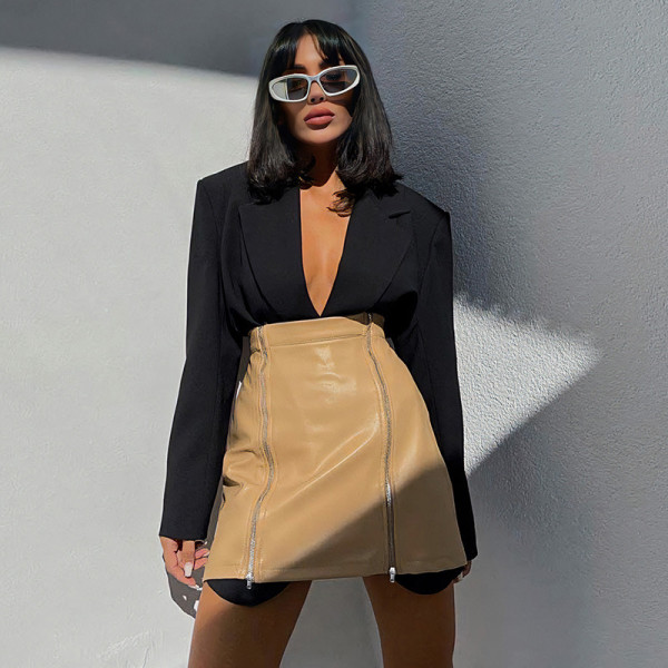 Double zipper half skin skirt Personality street fashion high waist slim skirt