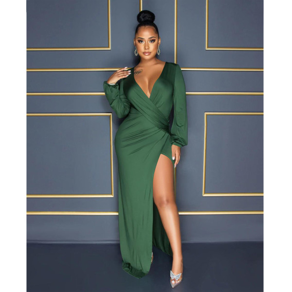 Fashion Women's Solid Pleated V-Neck Long Sleeve Dress Dress