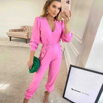 Solid V-neck long sleeve shoulder button shirt high waist pocket pants two piece set Solid V-neck long sleeve shoulder button shirt high waist pocket pants two piece set