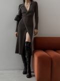 Split Strap Thread Knit Dress Autumn and Winter Mid length Polo Neck Long Sleeve Sexy Skirt Dress
