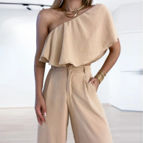 Ruffle hem solid diagonal collar shirt high waist pocket wide leg pants two-piece set