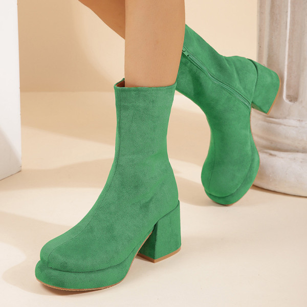 Large Heavy Heel Martin Boots Round Toe Side Zipper Medium Boots Suede Simple Medium Heel Slim Sleeve Boots