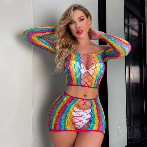 Sexy sexy lingerie, long sleeved bra, mesh coat, colorful perspective, hip bag, skirt, sexy stockings