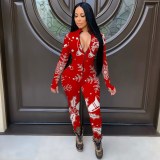 Women's Christmas printed V-neck long sleeve jumpsuit