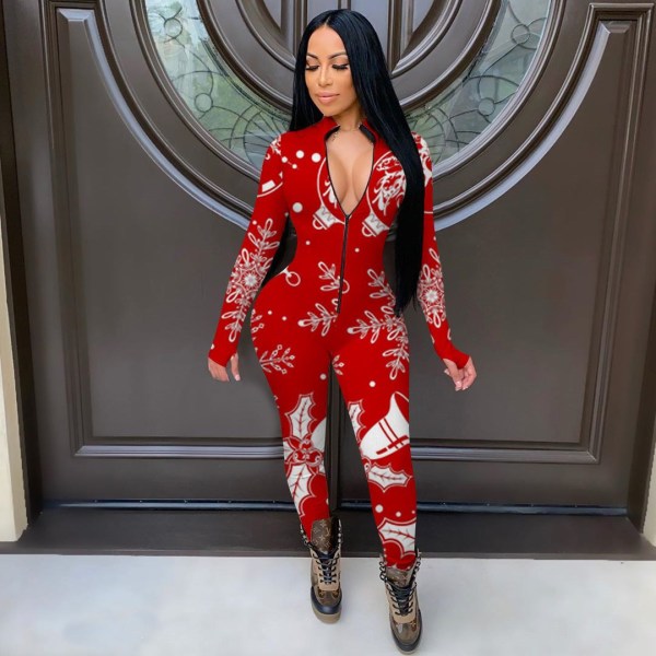 Women's Christmas printed V-neck long sleeve jumpsuit