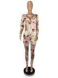 Women's Christmas printed V-neck long sleeve jumpsuit