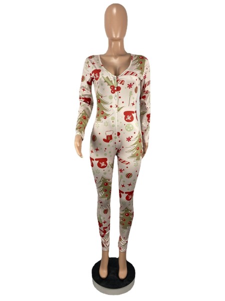Women's Christmas printed V-neck long sleeve jumpsuit