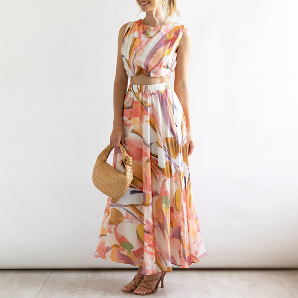 Printed short round neck waistcoat high waist A-line skirt casual suit skirt