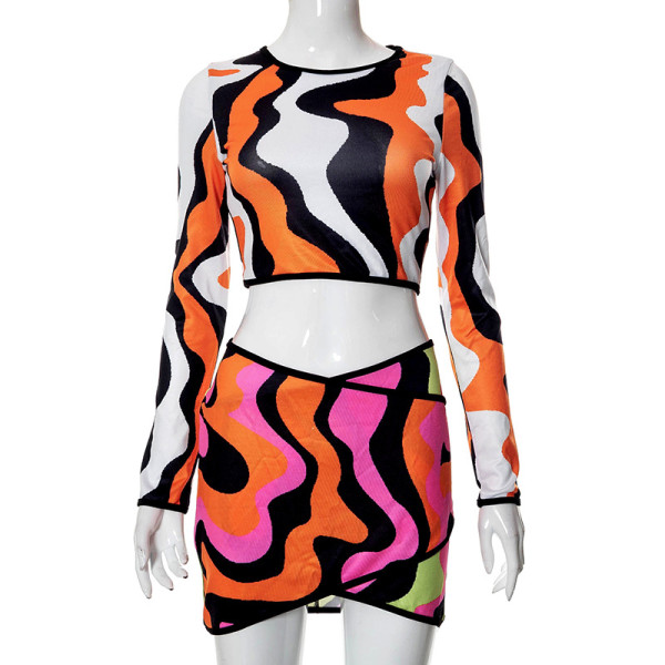 Round neck pullover long sleeve navel exposed low waist hip bag European and American women's short skirt suit