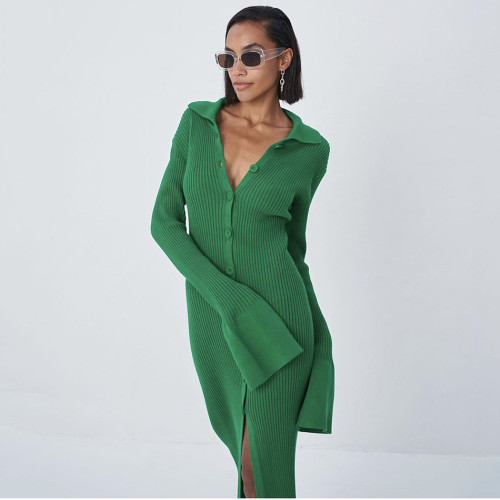 Long sleeve V-neck long button trumpet sleeve sweater dress