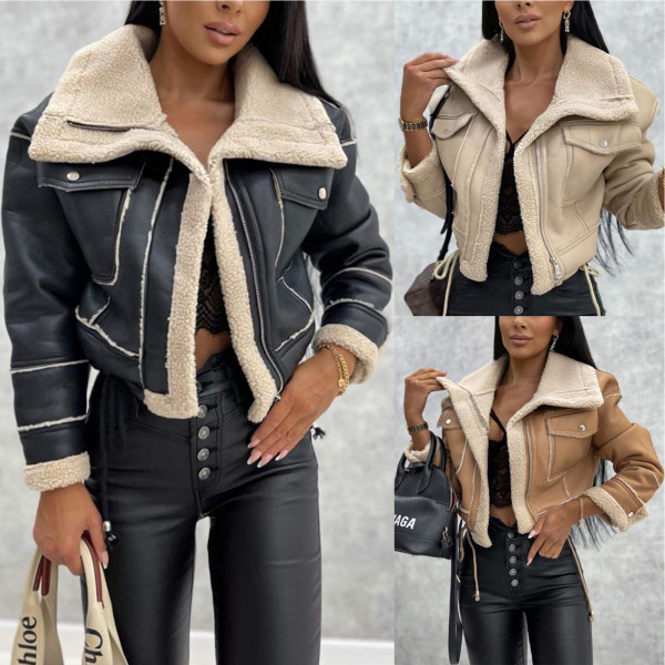 Lamb hair short coat zipper motorcycle jacket top