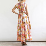 Printed short round neck waistcoat high waist A-line skirt casual suit skirt