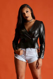 Slim fitting commuter V-neck PU leather coat