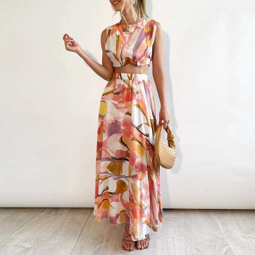 Printed short round neck waistcoat high waist A-line skirt casual suit skirt