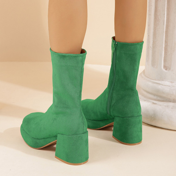 Large Heavy Heel Martin Boots Round Toe Side Zipper Medium Boots Suede Simple Medium Heel Slim Sleeve Boots