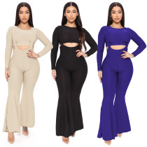 Solid high elastic jacquard suspender flare pants suit